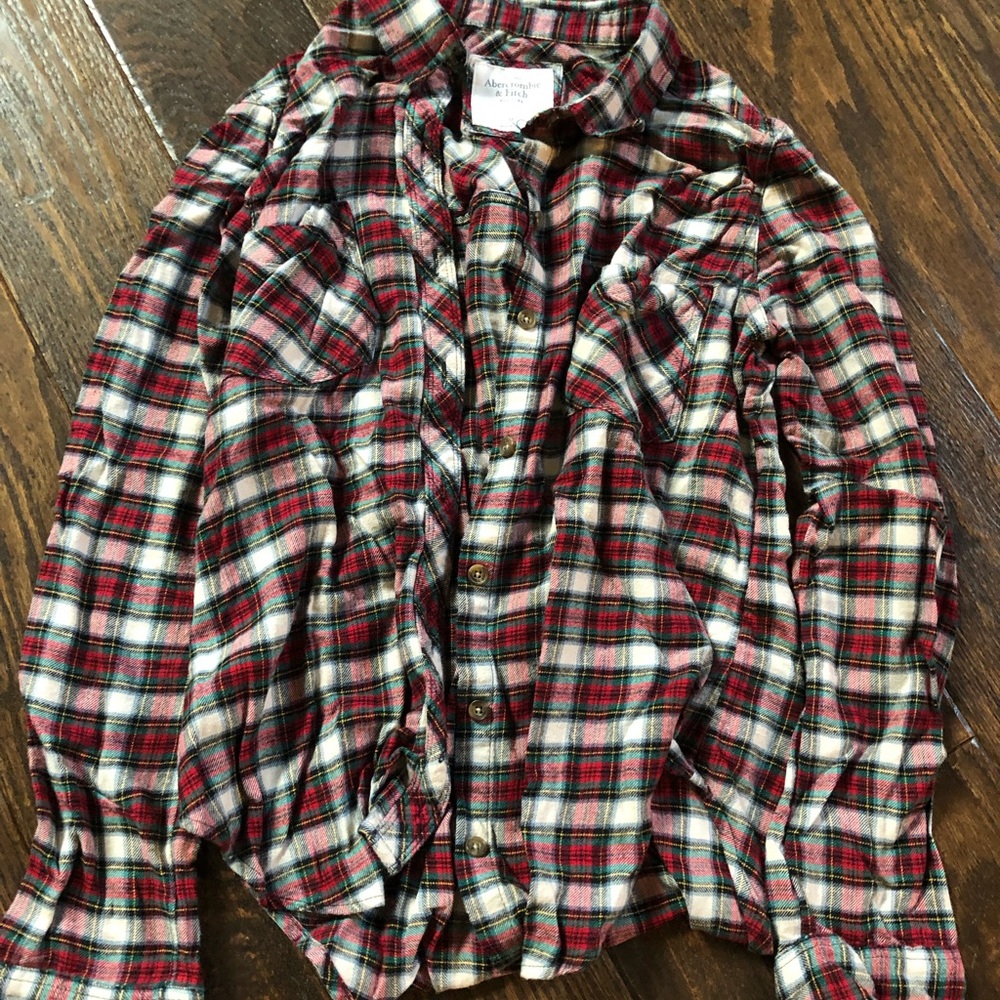 red white and green plaid button up
